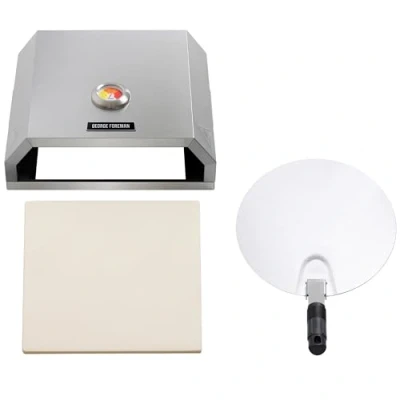 Image of George Foreman Pizza Oven 12&quot; BBQ Grill Top with Paddle, Suitable on Charcoal and Gas BBQs, Ceramic Stone, Foldable Enamelled Base, Stainless Steel, GFPO1SSPC
