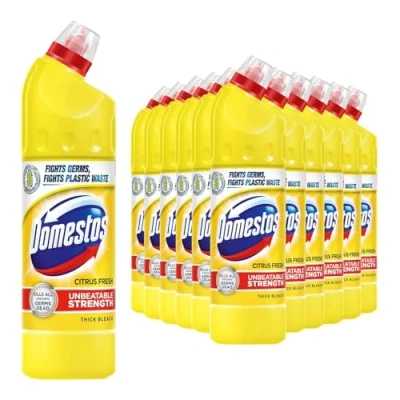 Image of Domestos Thick Bleach Citrus Fresh Multi Purpose Disinfectant Anti Bacterial Surface Cleaner Gel Limescale Remover for Toilet, Bathroom and Kitchen, 750ml (Buy 12)