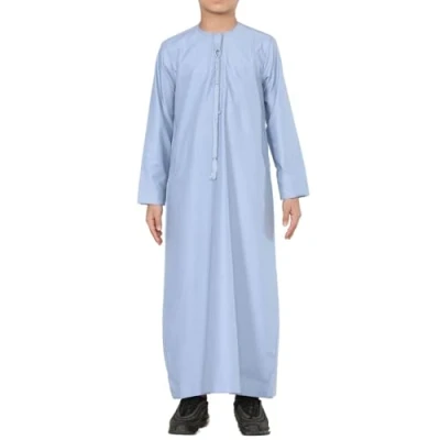 Image of Boy&#039;s Kids Blue Thobe Emirati Jubba Islamic Clothing Kaftan Eid String Tassel