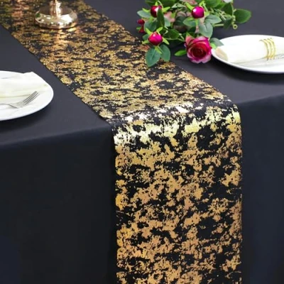 Image of Snowkingdom 2 Pcs Black And Gold Table Runner 108 Inch X2 Sparkly Golden Metallic Centerpieces Foil Runners Decorations Glitter For Party Wedding Birthday Christmas Thanksgiving Anniversary