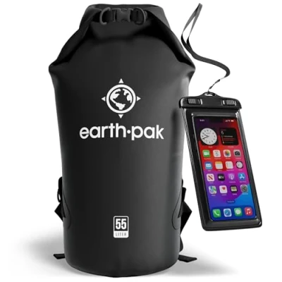Image of Earth Pak Waterproof Dry Bag Roll Top Sack Keeps Gear for Boating, Hiking, Camping and Fishing with Phone Case (Black, 55L)