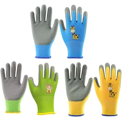 Image of CubePlug Girls and Boys 3 Pairs Kids Gardening Gloves for Age 4 11, Non Slip Work Gloves, Gloves,Foam Rubber Coated (Green+Blue+Yellow, Age(7 11))