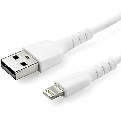 Image of StarTech.com 3 foot (1m) Durable White USB A to Lightning Cable Heavy Duty Rugged Aramid Fiber Type Charger/Sync Power Cord Apple MFi Certified iPad/iPhone 12 (RUSBLTMM1M)