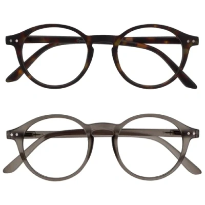 Image of OPULIZE REY Reading Glasses 2 Pack Retro Round Frame Matt Brown Tortoiseshell, Grey Mens Womens Spring Hinges RR56 27 +2.00