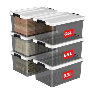 Image of Cetomo 65L* 6Storage Boxes, Plastic Storage Box with Lids, Organizing Container Secure Latching Buckles, Stackable, Nestable, Large Bin for Home Clothes, 65L 6Pack, Clear Black