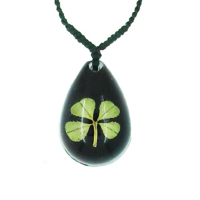 Image of Celtic Lucky Real 4 Four Leaf Clover Good Luck Black Pendant Necklace with Gift Box &amp; Guarantee