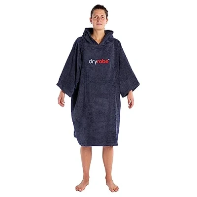 Image of Dryrobe Towelling Robe Hooded Poncho Towel Changing Organic Cotton (400 gsm) Short Sleeve (Medium Navy)