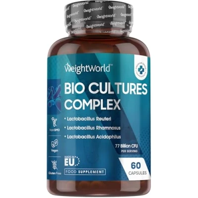 Image of Bio Cultures Complex Probiotics and Prebiotics 77 Billion CFU 20 Live Bacterial 60 Probiotic Capsules for Women &amp; Men Lactobacillus Acidophilus, Gasseri, Rhamnosus Reuteri