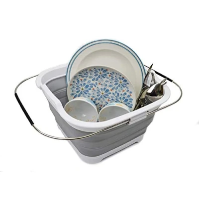 Image of SAMMART 12L Expandable &amp; Collapsible Plastic Dish Drainer Foldable Drying Rack Portable Dinnerware Organizer Space Saving Kitchen Storage Tray (White/Grey)