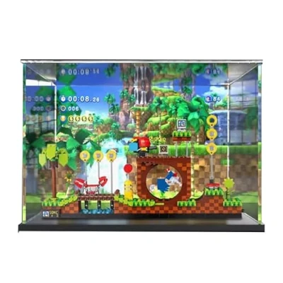 Image of HCAEIOFJ Clear Acrylic Display Case for Lego Ideas 21331 Applicable Sonic the Hedgehog Green Hill Zone Designed Box Gift(Display Only) (Black Bottom+Background)