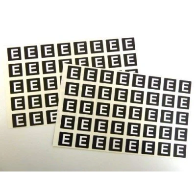 Image of Letter E, White Alphabet Letters on Black 20x20mm Square Labels Durable Plastic Stickers