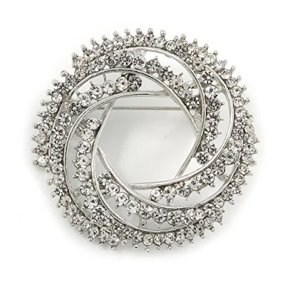 Image of Avalaya Clear Crystal Wreath Brooch in Silver Tone 40mm Diameter