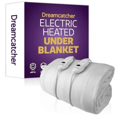 Image of Dreamcatcher Superking Electric Blanket 203 x 182cm, Soft Polyester Fitted Underblanket Mattress Cover, 3x Heat Settings, 2x Controllers and Machine Washable Heated