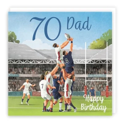 Image of Hunts England 70th Dad Rugby Birthday Card Milo&#039;s Gallery Age 70 Sport Fun For Year Old Fan Seventy