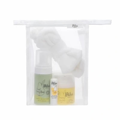 Image of LAV Moisturising Face Care Bundle, Cream, Foaming Cleanser, Lip Butter with Headband and Bag (white, yellow, green)