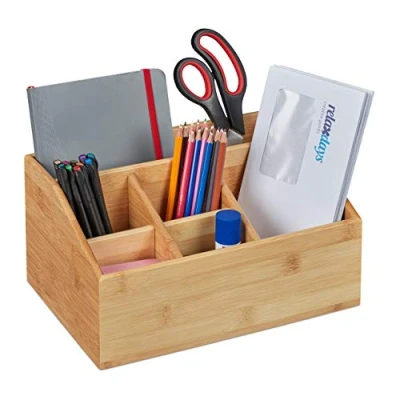 Image of Relaxdays Desk Organiser, Bamboo, 6 Compartments, Pen Holder Office and Home, H x W D 14 28 20 cm, Natural