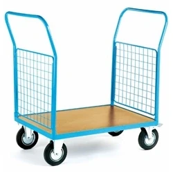 Image of 2 Mesh Ends Platform Truck; Fixed/Swivel Castors; Blue/Veneer