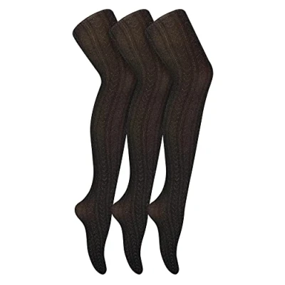 Image of Sock Snob 3 Pairs Womens Glitter Tights Pretty Sparkle Pantyhose in Gold or Silver Footed Shiny Stocking (One Size, Black/Silver Chevron)