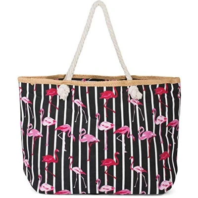 Image of styleBREAKER XXL Beach Bag with Flamingo Print and Zip, Shoulder Bag, Shopping Women 02012252, Colour:Black White