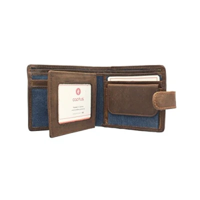 Image of Cactus Bi Fold Canvas Wallet with Leather Trim and RFID Protection 183_81 Denim