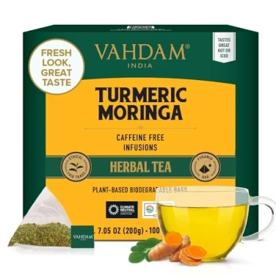 Image of VAHDAM, Turmeric Moringa Tea Bags (100 Herbal Bags) Caffeine Free, Non GMO, Gluten Free 100% Pure Blend Sweet &amp; Earthy Resealable Ziplock Pouch