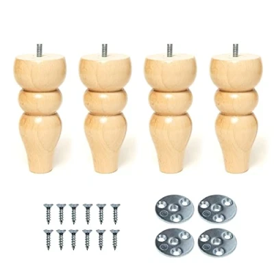 Image of 6’’ Wooden Bun Furniture Replacement Legs Feet Clear Lacquer Colour Beech Wood M8 Thread Level Mounting Plates Set Of 4 For Sofa Cabinet Footstool Chair Bed Ottoman TALLIN 15 CM