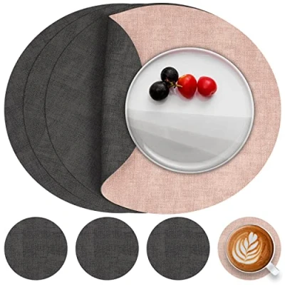 Image of Myir JUN Leather Placemats and Coaster Set of 4, Table Mats Round Waterproof Dual Sided Kitchen Place Coffee Heat Resistant Placemat Non Slip Washable (set Grey Pink)