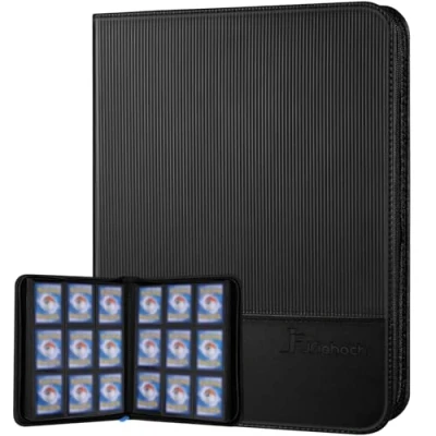 Image of Betoores Trading Card Binder, Binder 9 Pocket 900 Cards with 50 Double Sided Sleeves, Zippered Albums, Side Loading Holder, Waterproof PU Folder
