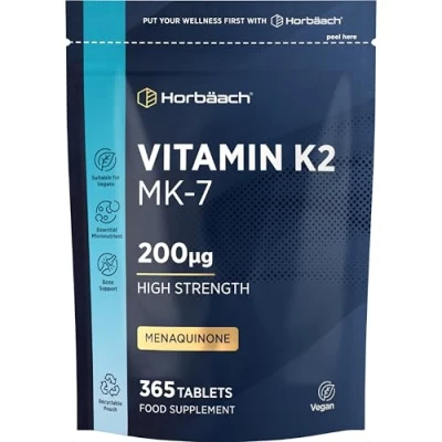 Image of Vitamin K2 MK7 200ug 365 Vegan Tablets High Strength Menaquinone MK 7 Supports Bone Health No Artificial Preservatives by Horbaach