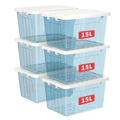 Image of Cetomo 15L*6 Storage Boxes with Lids, Plastic Bins Latching Buckles, Click Closure, Stackable, Nesting, Organizer for Home Office Clothes, Clear Blue, 15L 6 Pack
