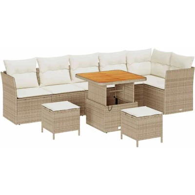 Image of vidaXL 9 Piece Garden Sofa Set with Cushions Beige Poly Rattan Acacia