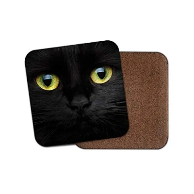 Image of 1 x Black Cat Face Cork Backed Drinks Coaster Cats Kitten Witch Mum Nan #8423