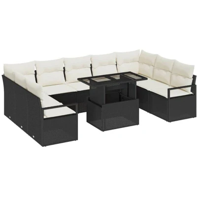 Image of vidaXL 10 Piece Garden Sofa Set with Cushions Black Poly Rattan