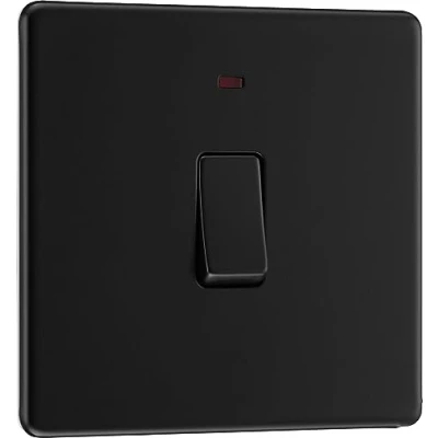 Image of BG Electrical Single Wall Switch with LED Power Indicator, Double Pole, Screwless Front Plate, Slim Profile, Premium Flatplate, Matt Black, 20A, FFB31