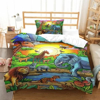 Image of GTDKSUEVG Jungle Animals Duvet Cover Set Bedding 3D Microfiber Comforter with Pillow Shams, 2 Piece Set, Zipper Quilt Single（135x200cm）