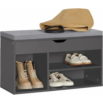 Image of SoBuy Shoe Storage Bench with Padded Seat, Flip Top &amp; 3 Open Compartments for Hallway Entryway, Wooden Rack Dark Grey, 80x30x46cm, Load 120kg FSR102 W