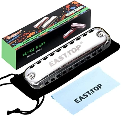 Image of East top Harmonica for Kids, Junior Harmonica,Smoothly Rounded Edge 10 Holes C Key Blues Mouth Organ Children as Gift,with Fabric Cloth Pouch, Colorful Box