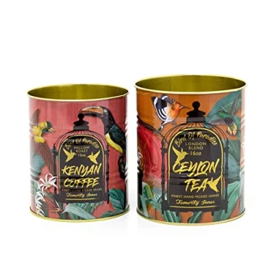 Image of Set Of 2 Decorative Replica Tea And Coffee Tin Cans Piece Birds Paradise Retro Metal Storage Tropical Vintage Style Food Display