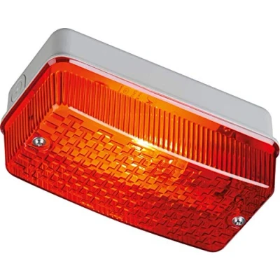 Image of Knightsbridge IP65 Bulkhead Lamp Holder with Red Prismatic Diffuser and Aluminium Base, E27, 100 W, White