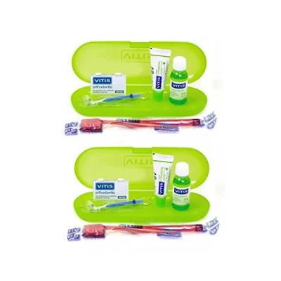 Image of 2 Pack VITIS Orthodontic Travel Kit 15ml Toothpaste + 30ml mouthwash Relief Wax Toothbrush interprox Brush with Safety Box