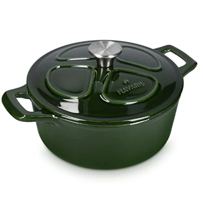Image of Navaris Cast Iron Casserole Dish with Lid 24cm Round Dutch Oven Pot Enamel Coating, 3.5L Safe for Induction Hob, Green