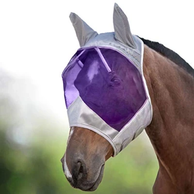 Image of Harrison Howard CareMaster Horse Fly Mask Half Face with Ears Silver/Purple Retro Medium Cob