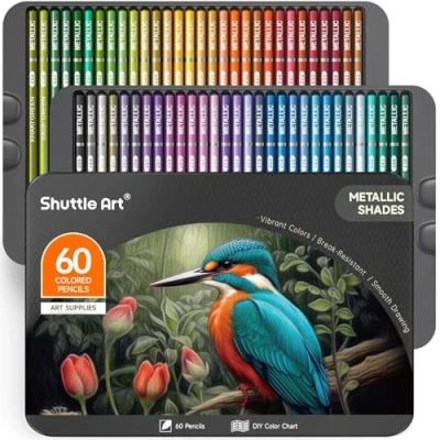 Image of Shuttle Art 60 Metallic Colours Colouring Pencils Set, Professional Coloured Pencil with Metal Box, Soft Core Colour Pencils, Drawing for Artists Adult Beginners Book, Sketching