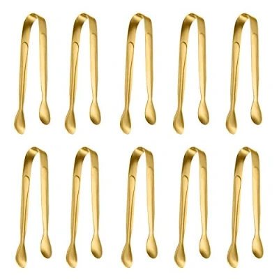 Image of 10 Pack Small Ice Tongs Sugar Tongs, Stainless Steel Mini Serving Appetizers for Party Coffee Tea Wine Bar Kitchen (Golden)