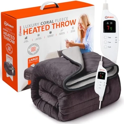 Image of Warmer Electric Heated Throw Blanket Digital Controller 9 Hour Timer, Heat Settings, Auto Shutoff, Detachable Machine Washable Large 160cm x 120cm