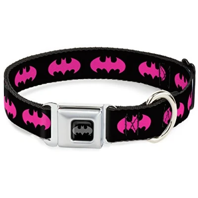 Image of Buckle Down DC WBM215 WL Black/Fuchsia Batman Seatbelt Dog Collar, 1.5&quot; Wide Fits 18 32&quot; Neck Large