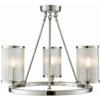 Image of Easton 3 Light Semi flush Bright Nickel, Ribbed Glass With Bubbles, E14