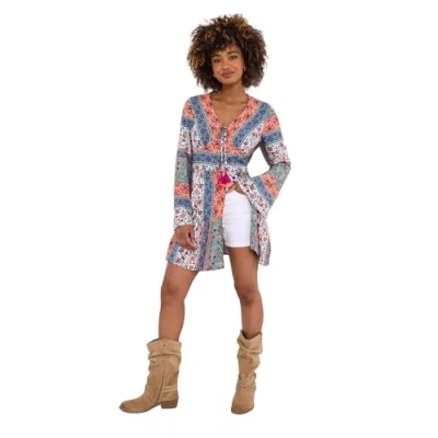 Image of Joe Browns Women&#039;s Fashion V Neck Tassel Tie Patchwork Tunic, Relaxed Fit, Blue, UK 12