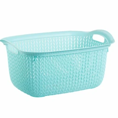 Image of Plastic Laundry Basket Clothes Washing Bin Storage Knitted Hamper Organiser (Blue, Rectangular)
