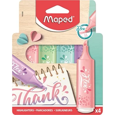 Image of Maped 4 Flex Pastel Highlighters Bevelled Tip and Flexible Highlighter with Long Life for School, Lettering, Bullet Journal Professional Colours Random